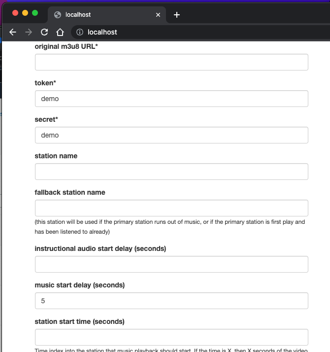Screenshot of browser. URL: localhost. Page: A form with fields such as “original m3u8 URL”, “token”, and “secret”.